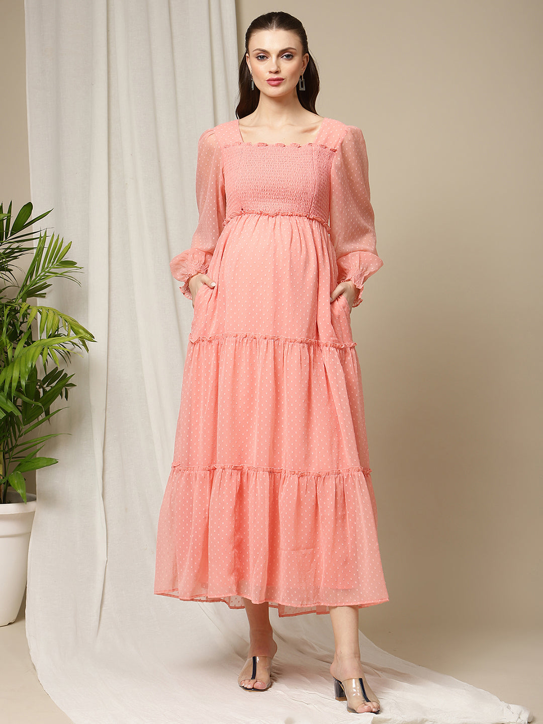 Maternity Smocked Long Maxi Dress- Pink Maternity Smocked Long Maxi Dress- Pink