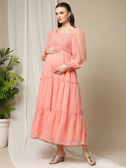 Maternity Smocked Long Maxi Dress- Pink