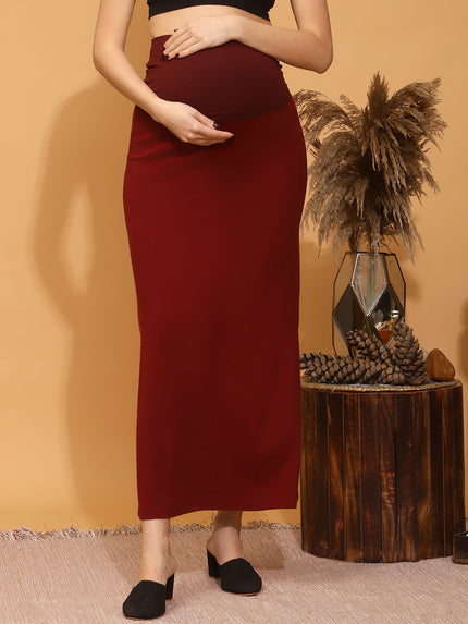 Maternity Rib-knit Long Skirt - Burgundy