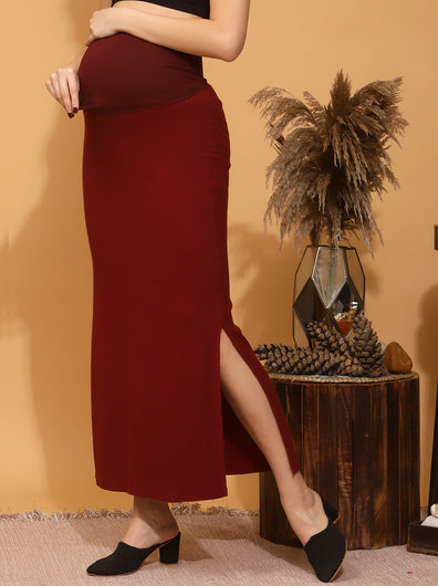 Maternity Rib-knit Long Skirt - Burgundy