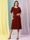 Stretchy Maternity Rib-knit Dress- Burgundy