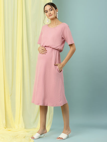 Stretchy Maternity Rib-knit Dress- Pink