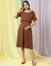 Stretchy Maternity Rib-knit Dress- Brown