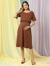 Stretchy Maternity Rib-knit Dress- Brown