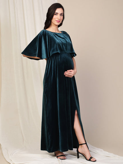 Velvet Pregnancy Dress with Slit- Green Velvet Pregnancy Dress with Slit- Green