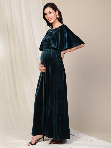 Velvet Pregnancy Dress with Slit- Green