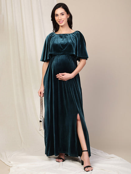 Velvet Pregnancy Dress with Slit- Green