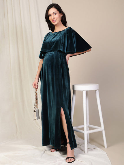 Velvet Pregnancy Dress with Slit- Green