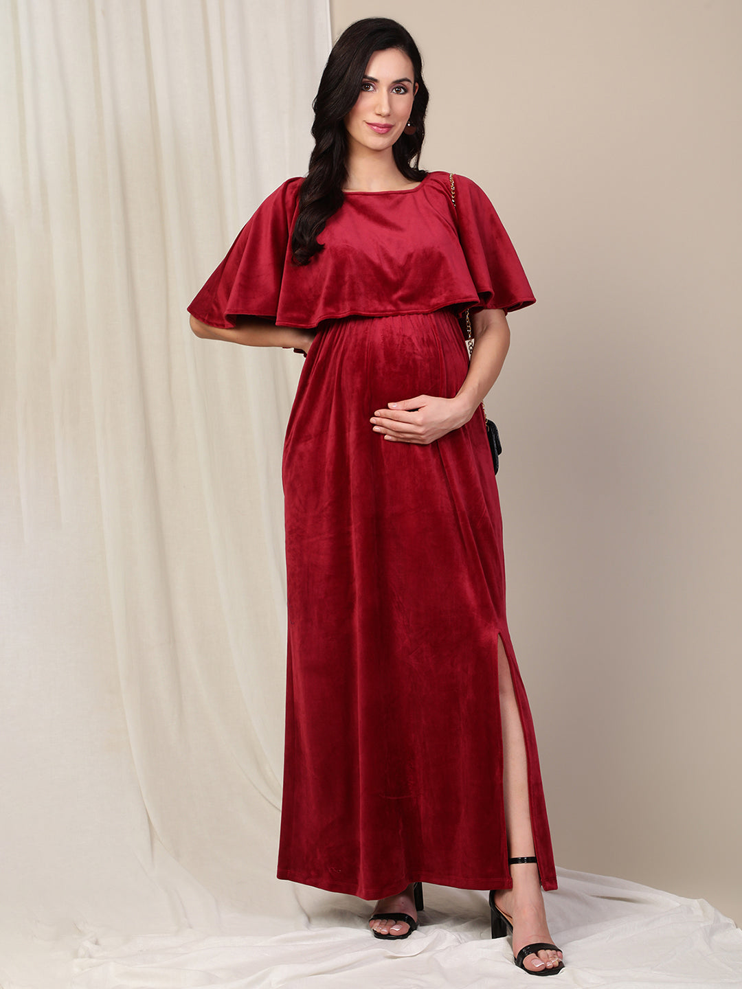 Velvet Pregnancy Dress with Slit- Maroon Velvet Pregnancy Dress with Slit- Maroon