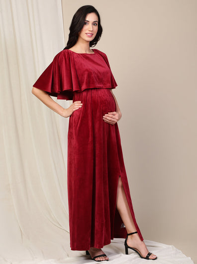 Velvet Pregnancy Dress with Slit- Maroon