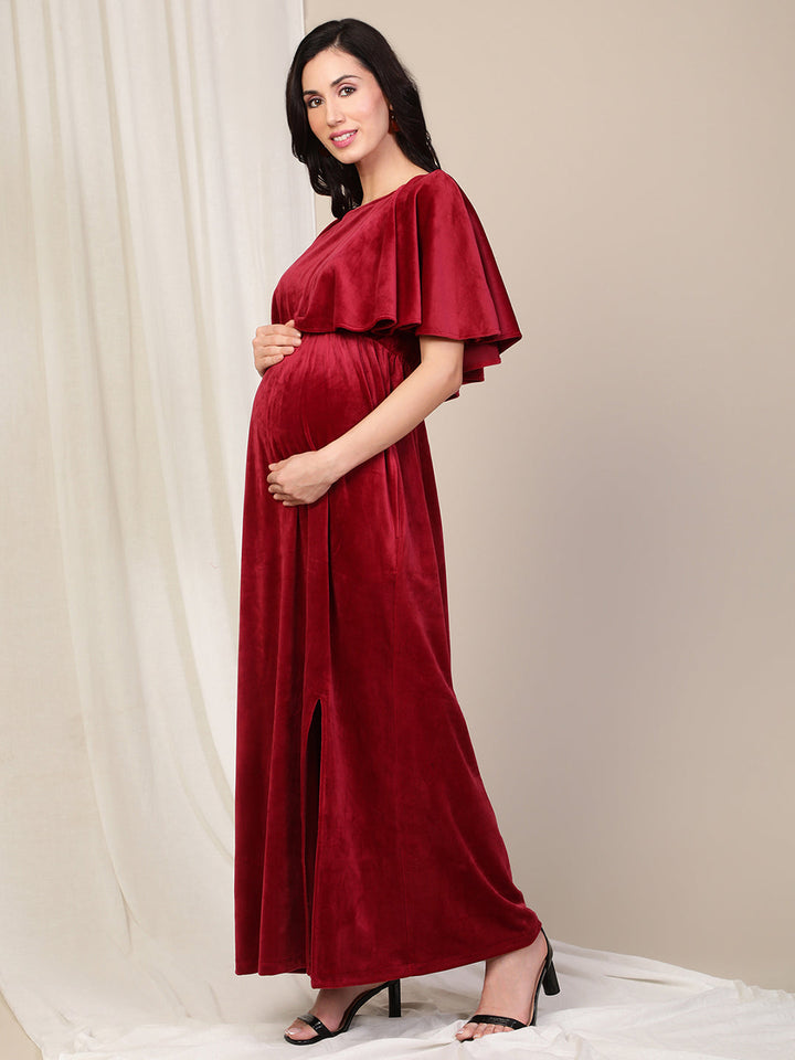 Velvet Pregnancy Dress with Slit- Maroon