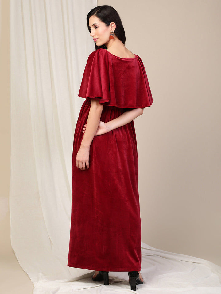 Velvet Pregnancy Dress with Slit- Maroon