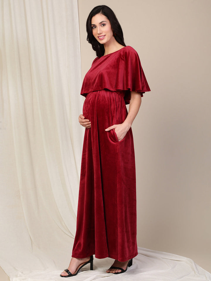 Velvet Pregnancy Dress with Slit- Maroon