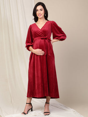 Velvet Maternity Maxi Dress- Maroon
