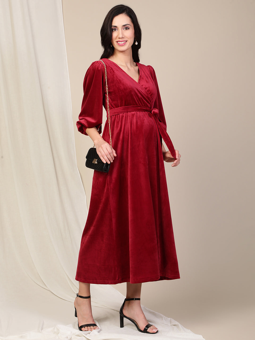 Maternity Dress Velvet Pink Solid Velvet Winter Maternity Dress Calf Length Maternity Dress Velvet Pink Solid Velvet Winter Maternity Dress Calf Length