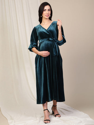 Velvet Maternity Maxi Dress- Green