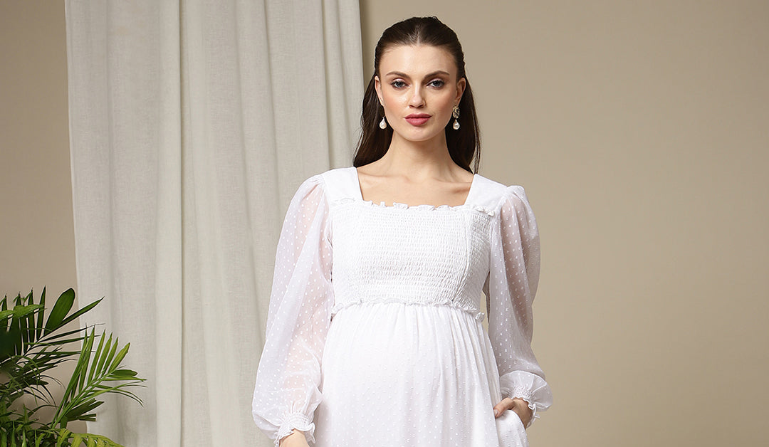 white maxi dress pregnant Maternity Smocked Long Maxi Dress- White