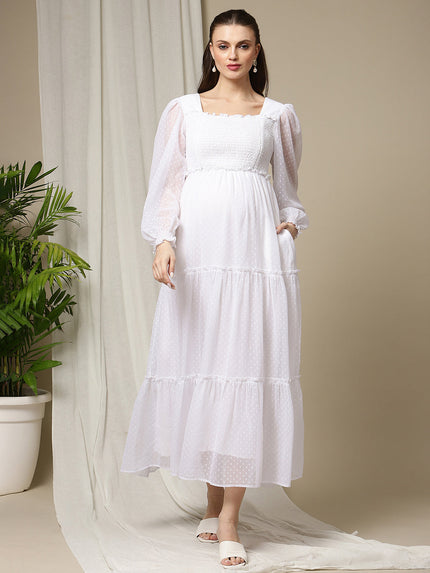 Maternity Smocked Long Maxi Dress- White Maternity Smocked Long Maxi Dress- White