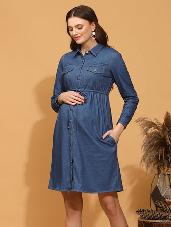 Full Sleeves Denim Maternity Shirt Dress