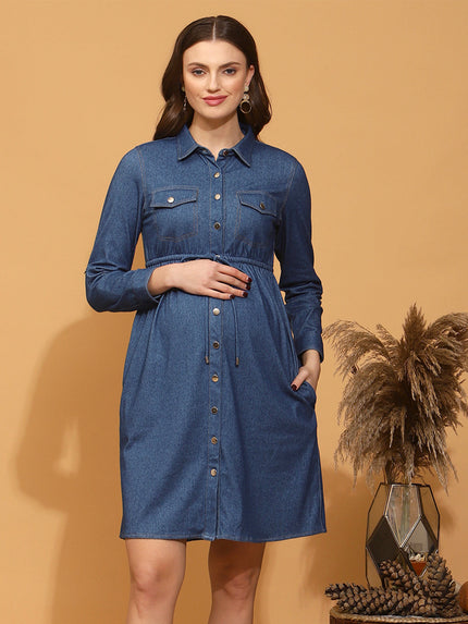 Full Sleeves Denim Maternity Shirt Dress - Blue Full Sleeves Denim Maternity Shirt Dress - Blue