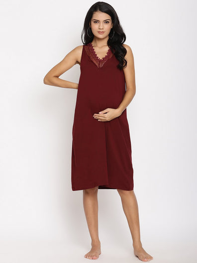 Maternity Nightie Dress- Wine Red