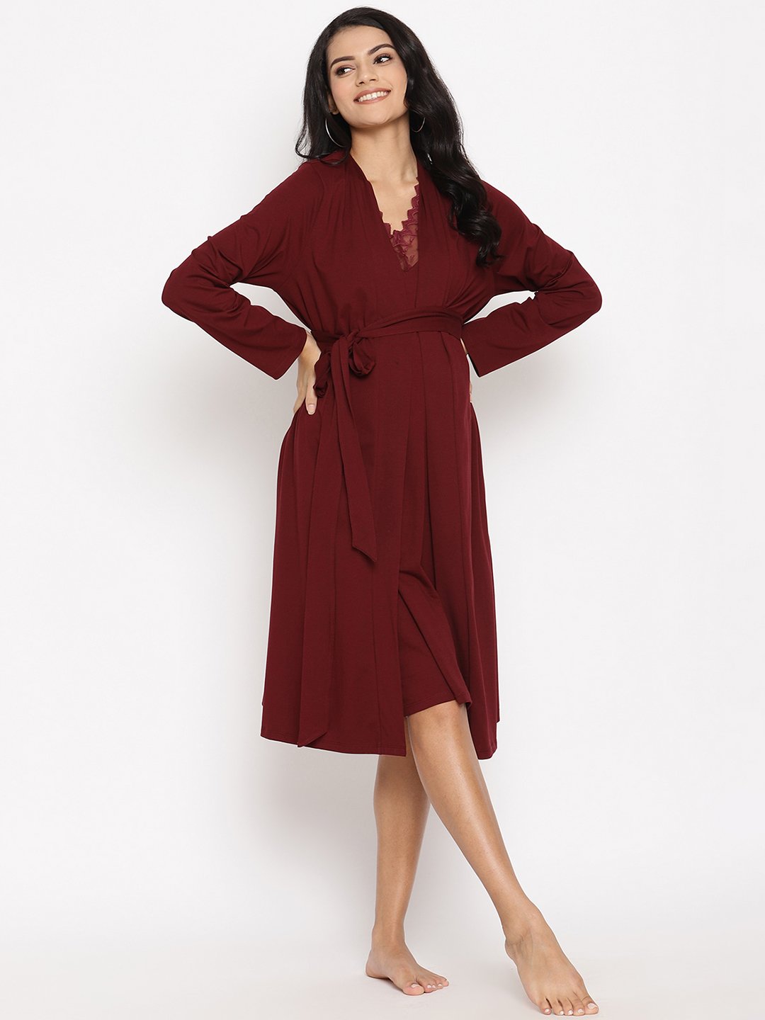 Maternity Nightie Robe Set- Wine Red - Main Image