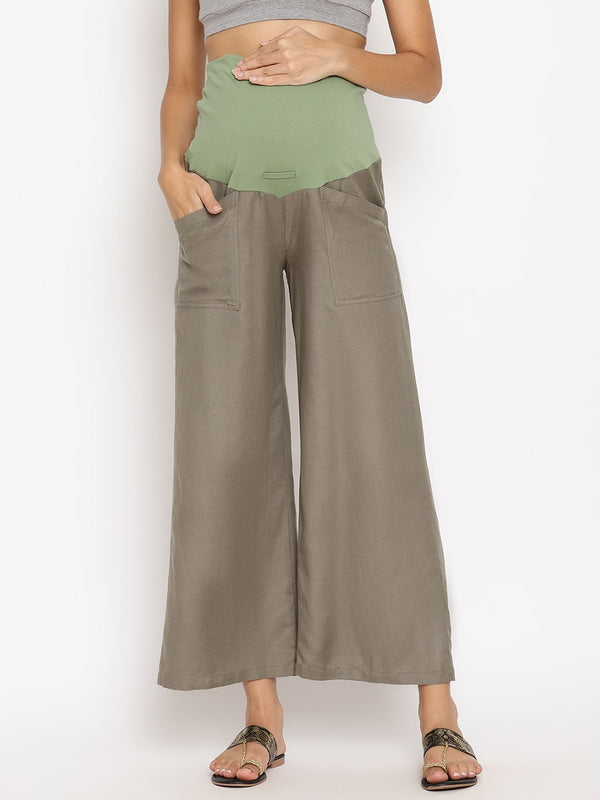 Buy Femea Women Olive Green Solid Cotton Wide Leg Track Pants online