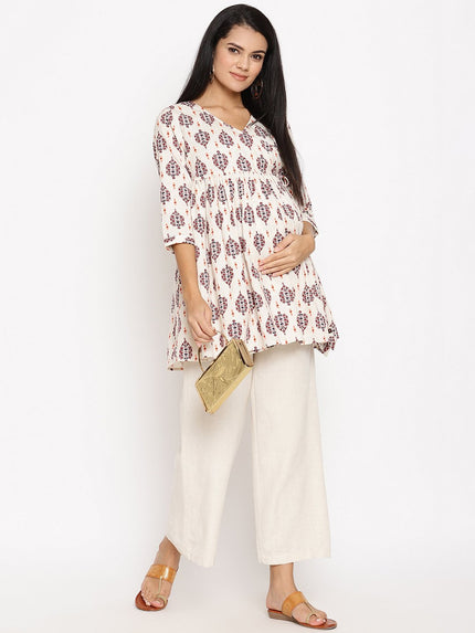 Maternity Cotton Linen Palazzo Pants-Beige