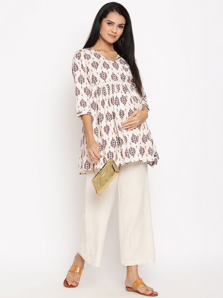 Maternity Cotton Linen Palazzo Pants-Beige