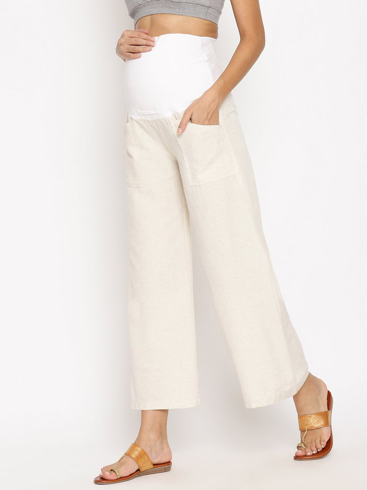 Maternity Cotton Linen Palazzo Pants-Beige