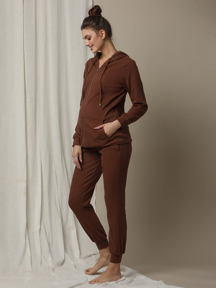 Maternity Matching Lounge Set- Hoodie with Jogger- Brown