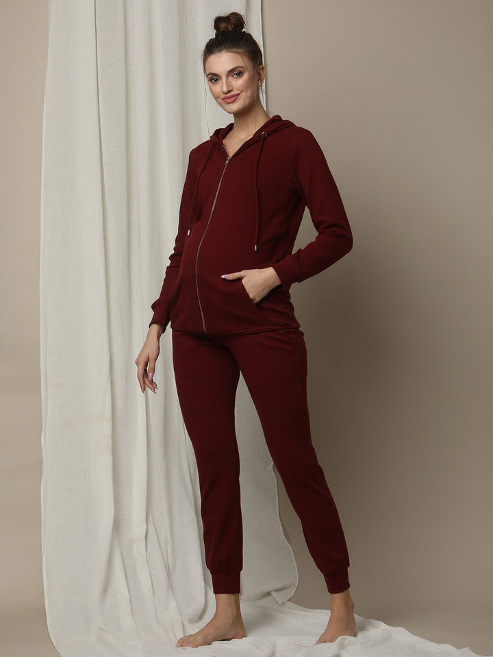 Maternity Matching Lounge Set- Hoodie with Jogger- Burgundy