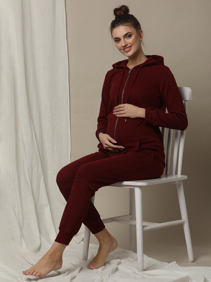 Maternity Matching Lounge Set- Hoodie with Jogger- Burgundy