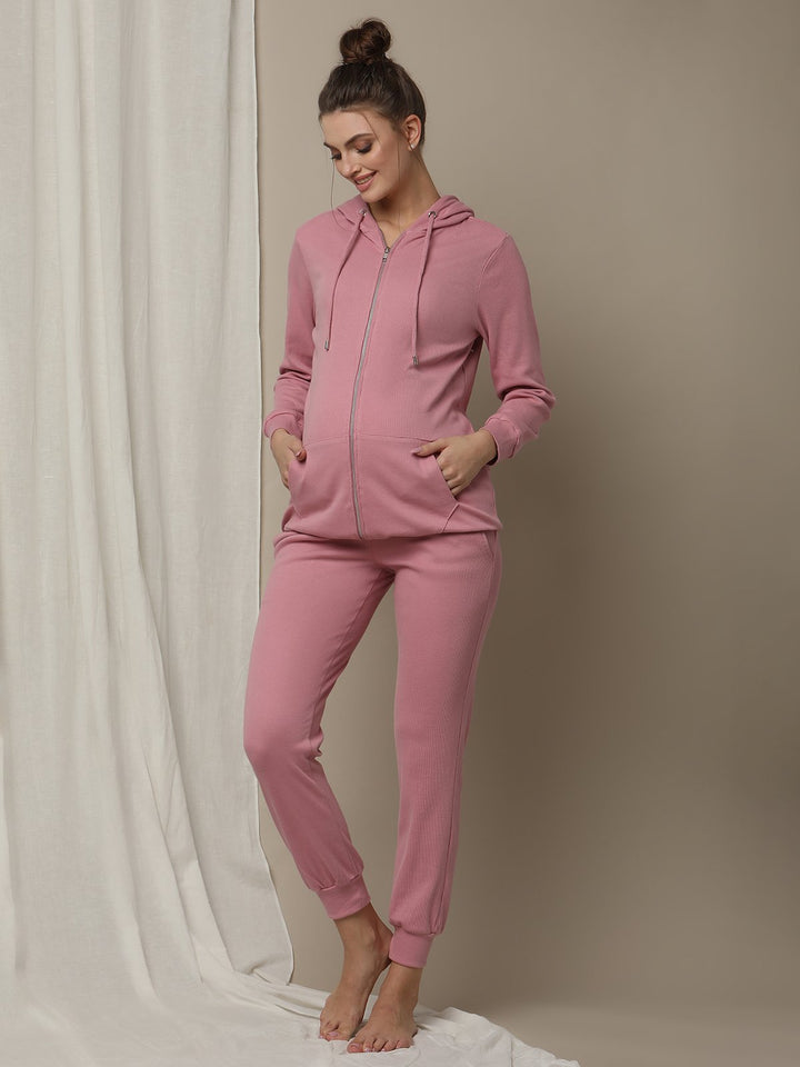 Maternity Matching Lounge Set- Hoodie with Jogger- Pink