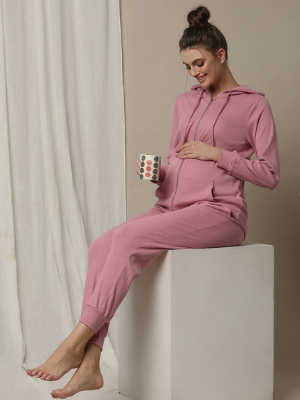 Maternity Matching Lounge Set- Hoodie with Jogger- Pink