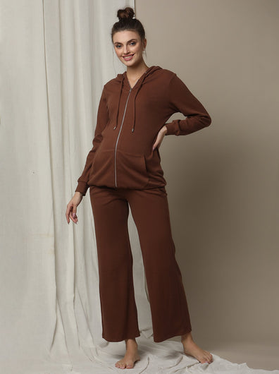 Maternity Matching Lounge Set- Hoodie with Wide-leg Pants- Brown