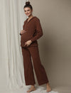 Maternity Matching Lounge Set- Hoodie with Wide-leg Pants- Brown