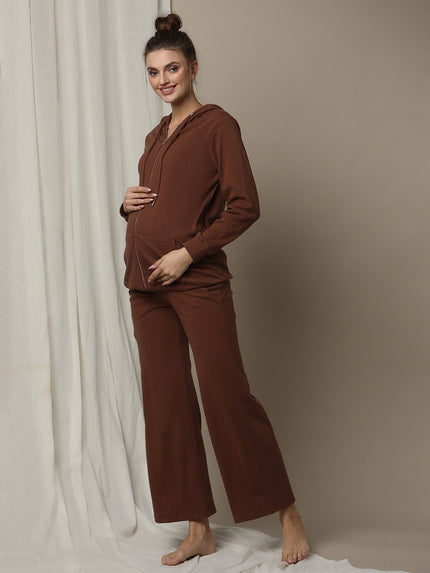 Maternity Matching Lounge Set- Hoodie with Wide-leg Pants- Brown