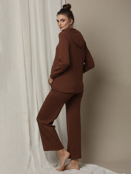 Maternity Matching Lounge Set- Hoodie with Wide-leg Pants- Brown