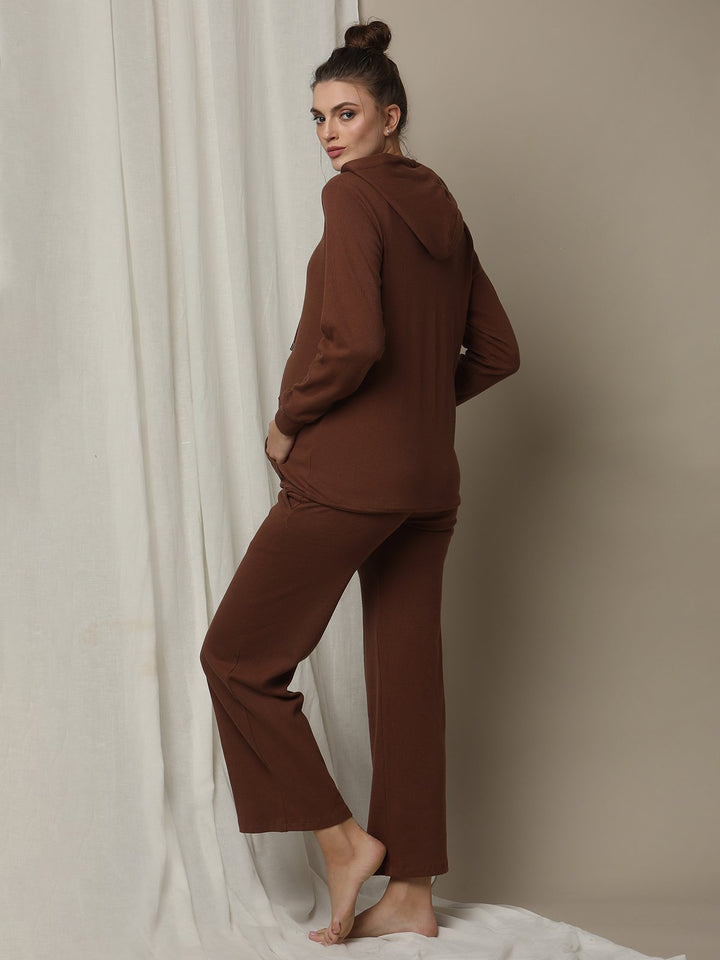 Maternity Matching Lounge Set- Hoodie with Wide-leg Pants- Brown
