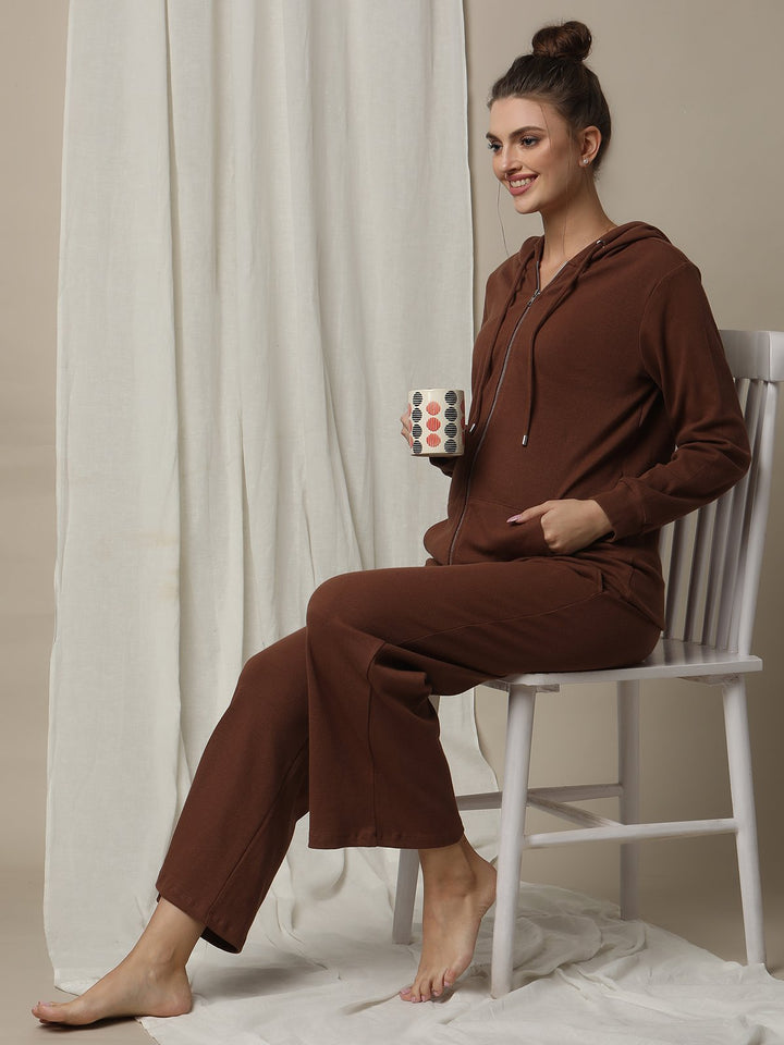 Maternity Matching Lounge Set- Hoodie with Wide-leg Pants- Brown