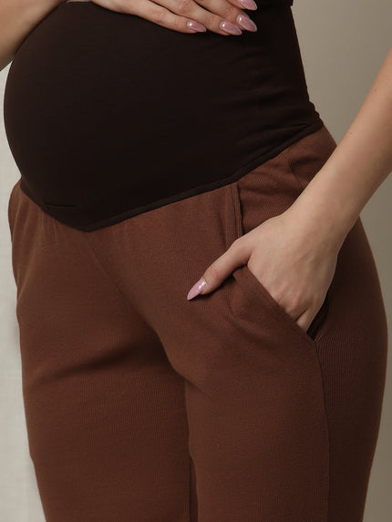 Maternity Matching Lounge Set- Hoodie with Wide-leg Pants- Brown