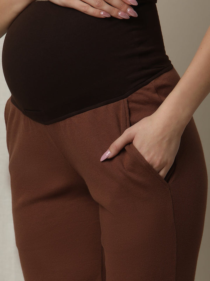 Maternity Matching Lounge Set- Hoodie with Wide-leg Pants- Brown