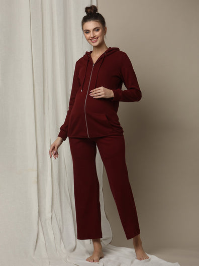 Maternity Matching Lounge Set- Hoodie with Wide-leg Pants- Burgundy