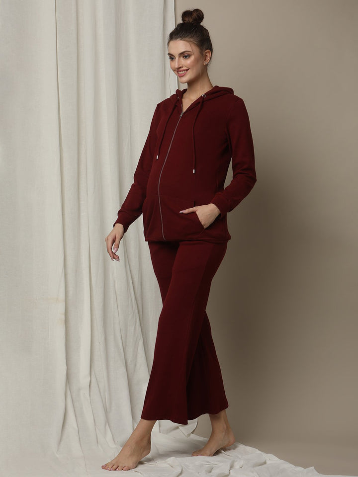 Maternity Matching Lounge Set- Hoodie with Wide-leg Pants- Burgundy