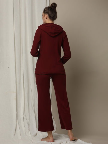 Maternity Matching Lounge Set- Hoodie with Wide-leg Pants- Burgundy