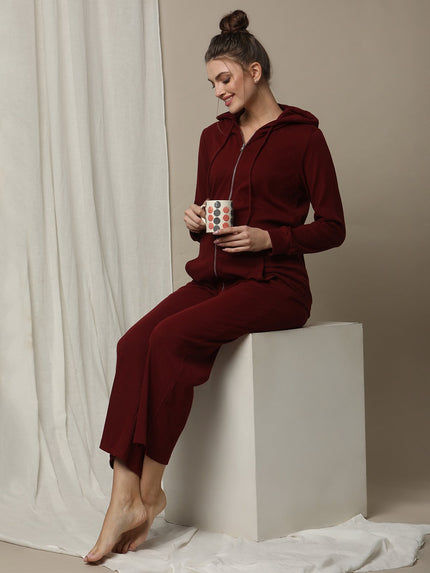 Maternity Matching Lounge Set- Hoodie with Wide-leg Pants- Burgundy
