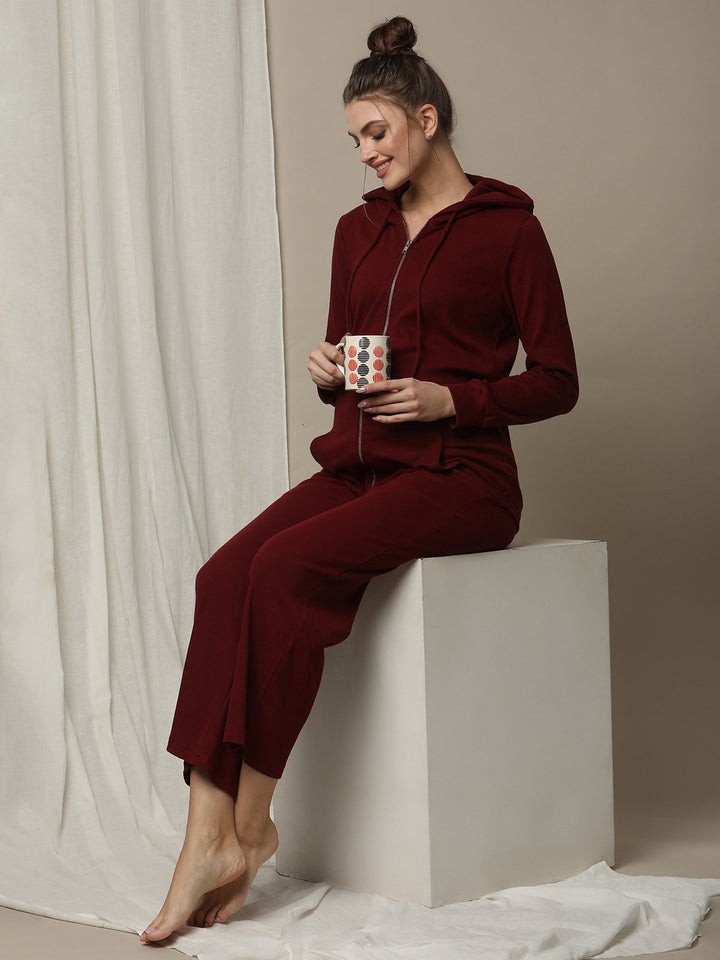 Maternity Matching Lounge Set- Hoodie with Wide-leg Pants- Burgundy