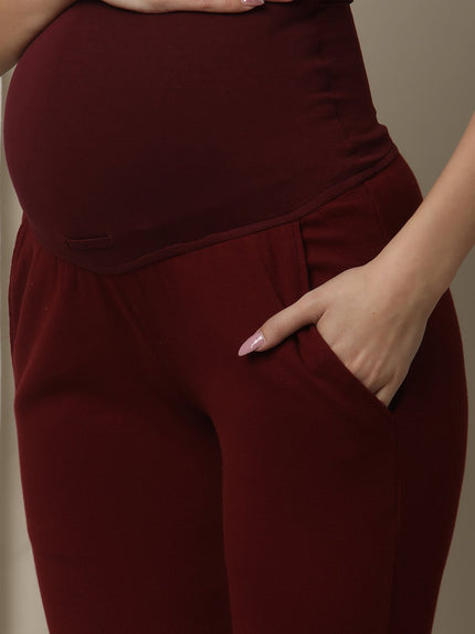 Maternity Matching Lounge Set- Hoodie with Wide-leg Pants- Burgundy