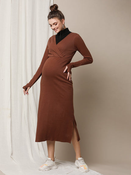 Zipless Maternity Maxi Bodycon Dress with Slit- Brown
